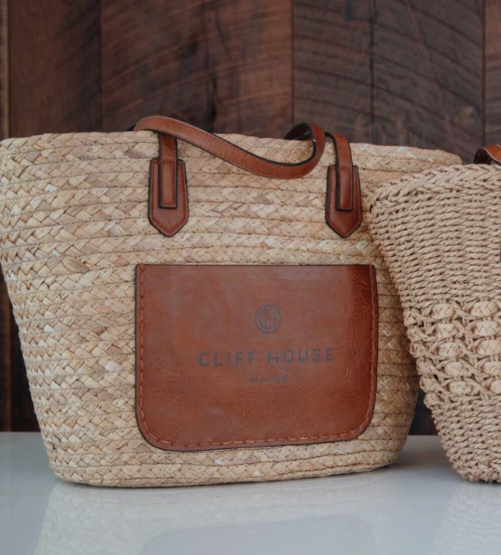 Cliff House Signature Woven Straw Shoulder Strap Beach Tote Bag Brown